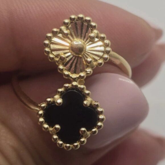 14k Solid Yellow Gold Clover/Flower Onyx Bypass Ring Size 8.5 - Picture 9 of 13